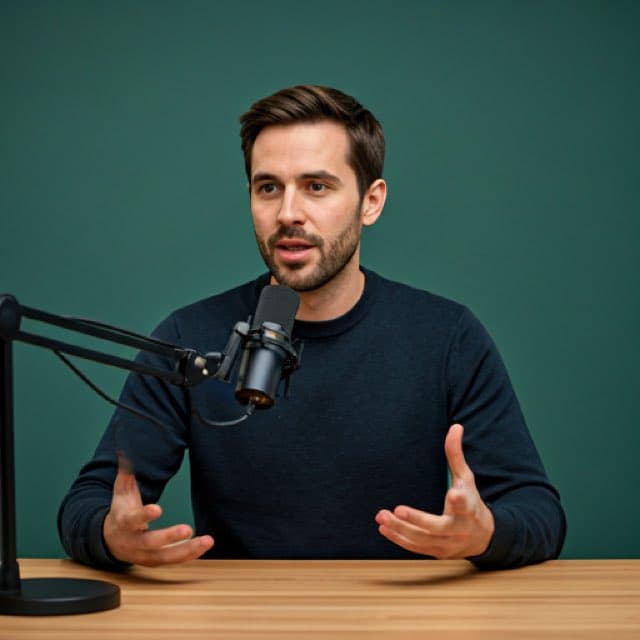 Man talking on a microphone in a podcast setup